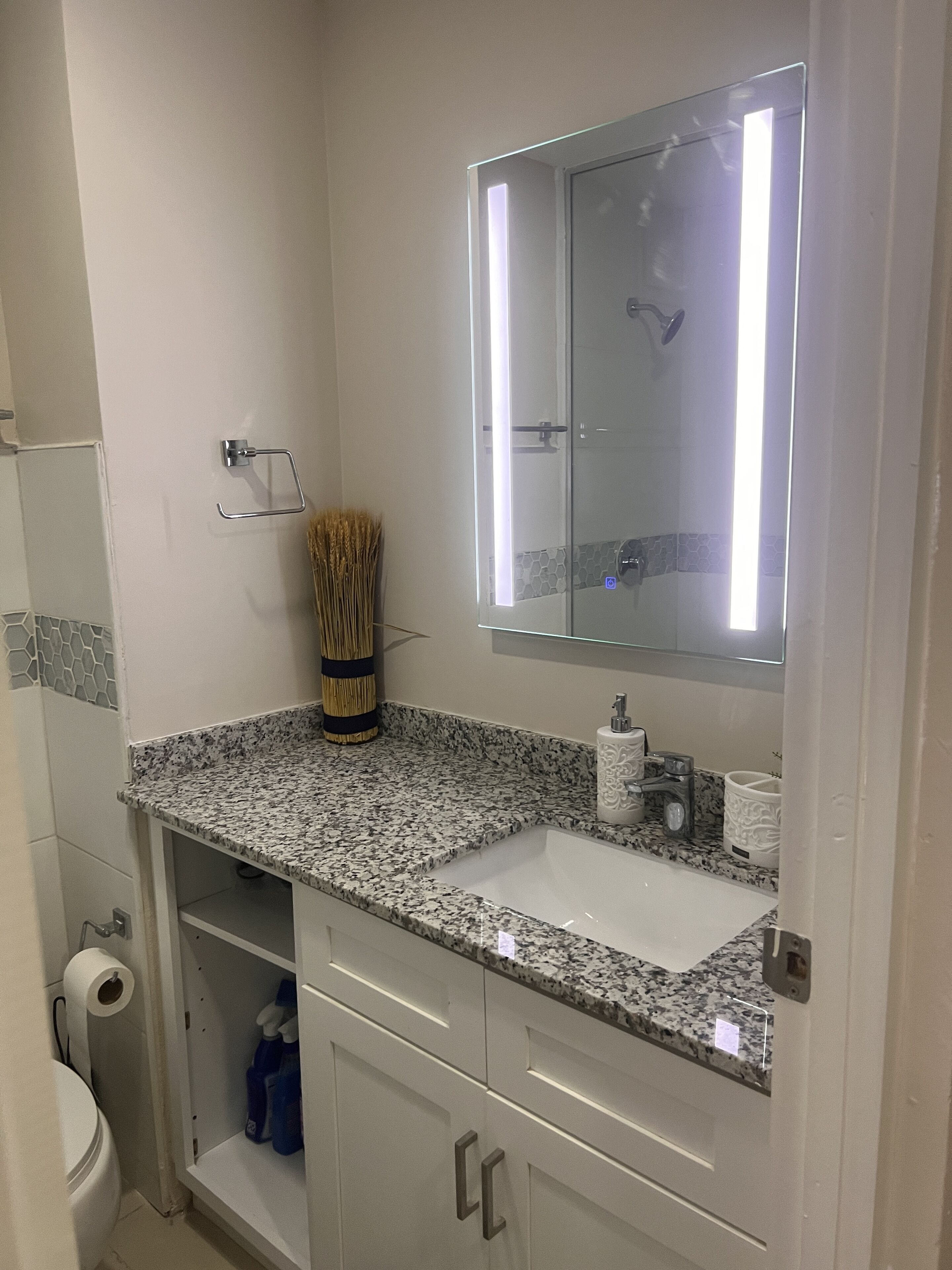 A bathroom with a granite countertop sink, a mirror, a towel rack, and a toilet.