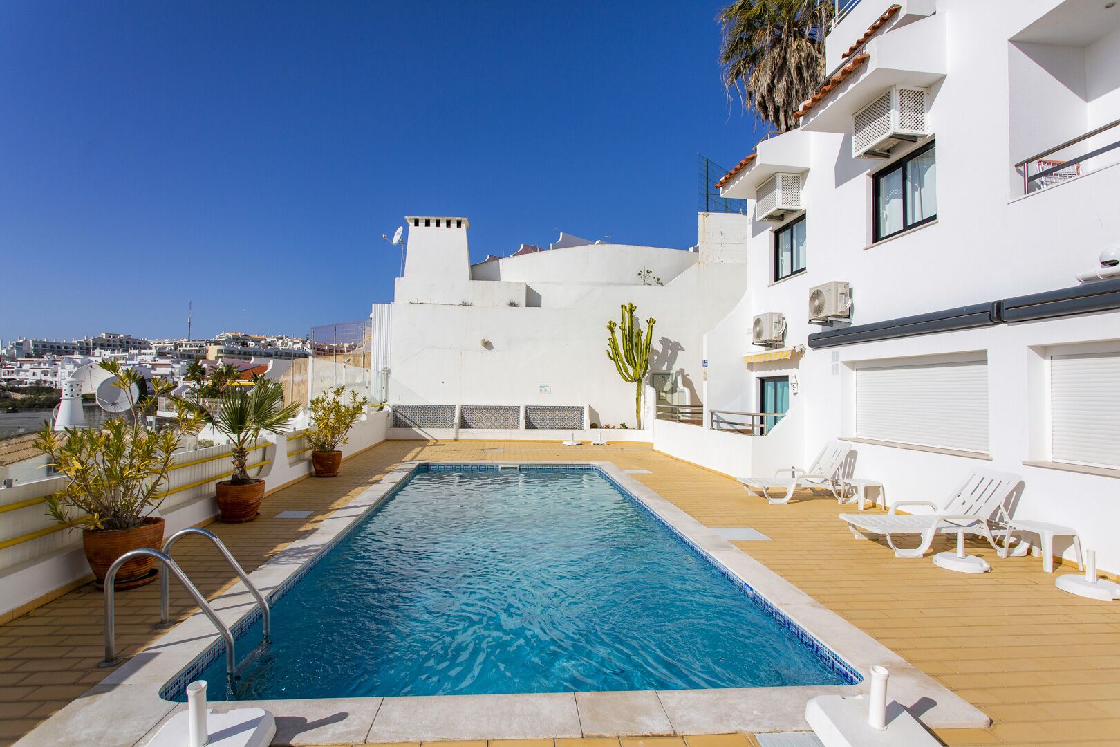 A rooftop pool with a view of the city, surrounded by potted plants and lounge chairs.