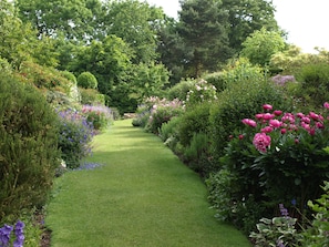 Un sendero bien cuidado en un jardín con diversa vegetación y flores.