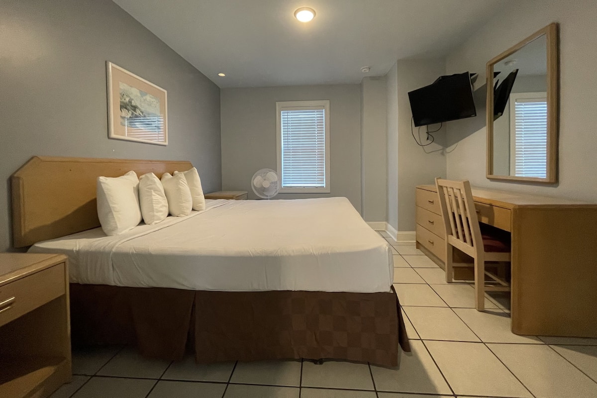A bedroom with a large bed, a desk, a chair, a television, and a fan.