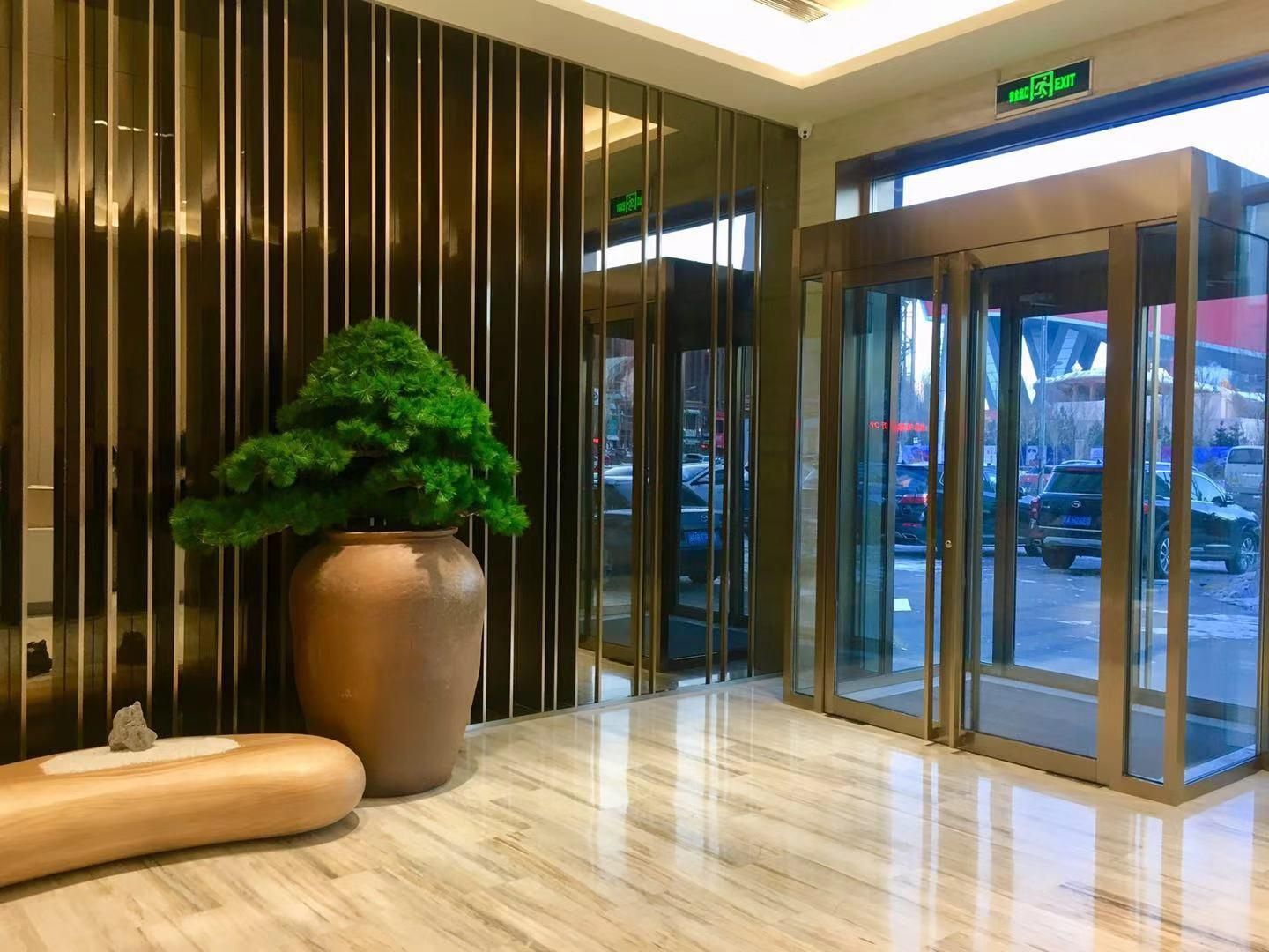 A modern lobby with a potted plant, a wooden bench, and a glass door leading outside.