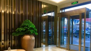 Een moderne lobby met een plant in pot, een houten bank en een glazen deur naar buiten.