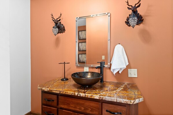 A bathroom with a large mirror, a vessel sink, wooden cabinetry, and two deer head wall decorations. - Lake front with dock and boat ramp (Waverly)