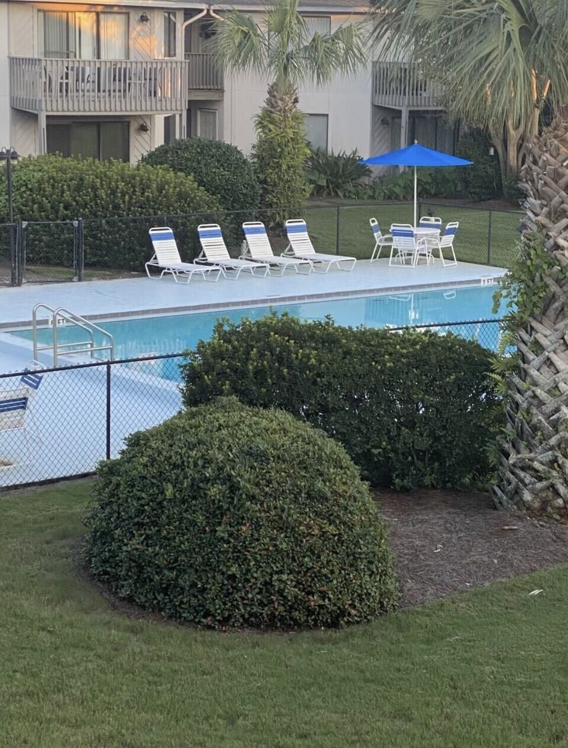 A swimming pool with lounge chairs and a covered area, surrounded by greenery and a building with balconies.