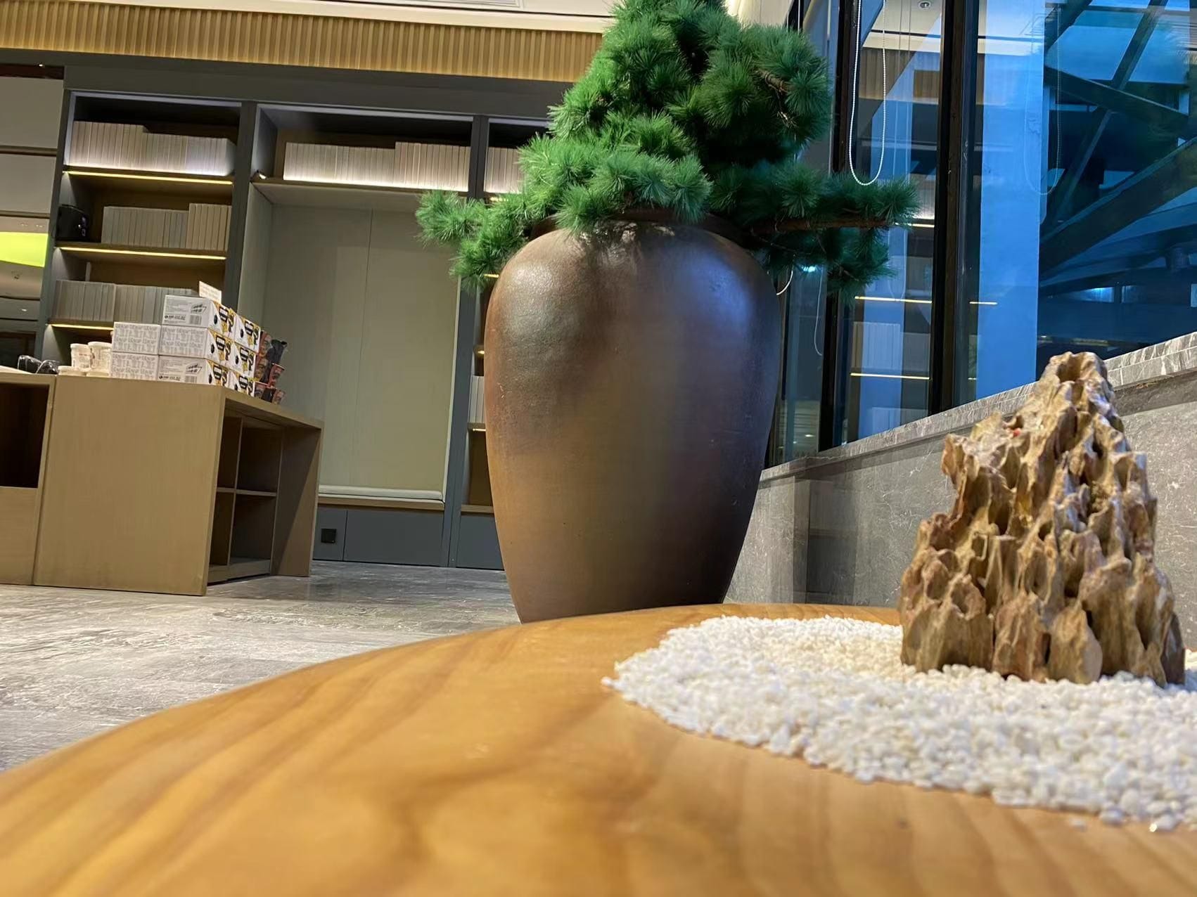 Zona de recepción con una planta en maceta grande, una mesa de madera con una piedra decorativa y un mostrador con cajas.