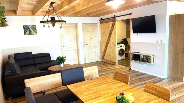 A modern living space with a wooden ceiling, a sofa set, a dining table with chairs, a TV mounted on the wall, and a washing machine in the background.