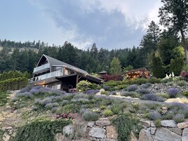 Una casa moderna de dos pisos con techo inclinado y balcón, rodeada de un jardín ajardinado con diversas plantas y un muro de piedra.