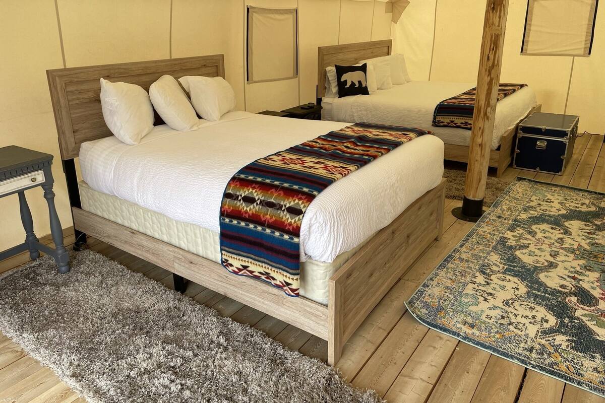 A bedroom with two beds, each with a wooden headboard and white bedding. There is a patterned rug on the floor and a small table beside the beds.
