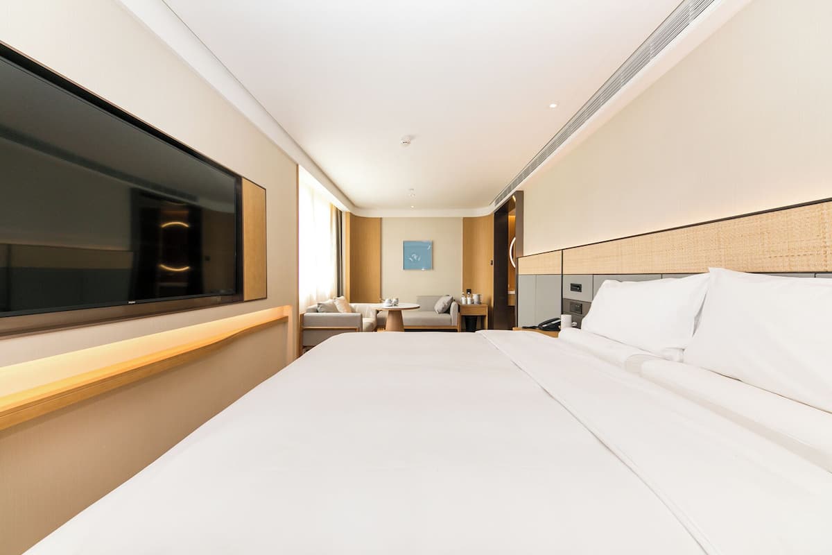 Habitación de hotel con una cama grande, televisor, escritorio y una silla.
