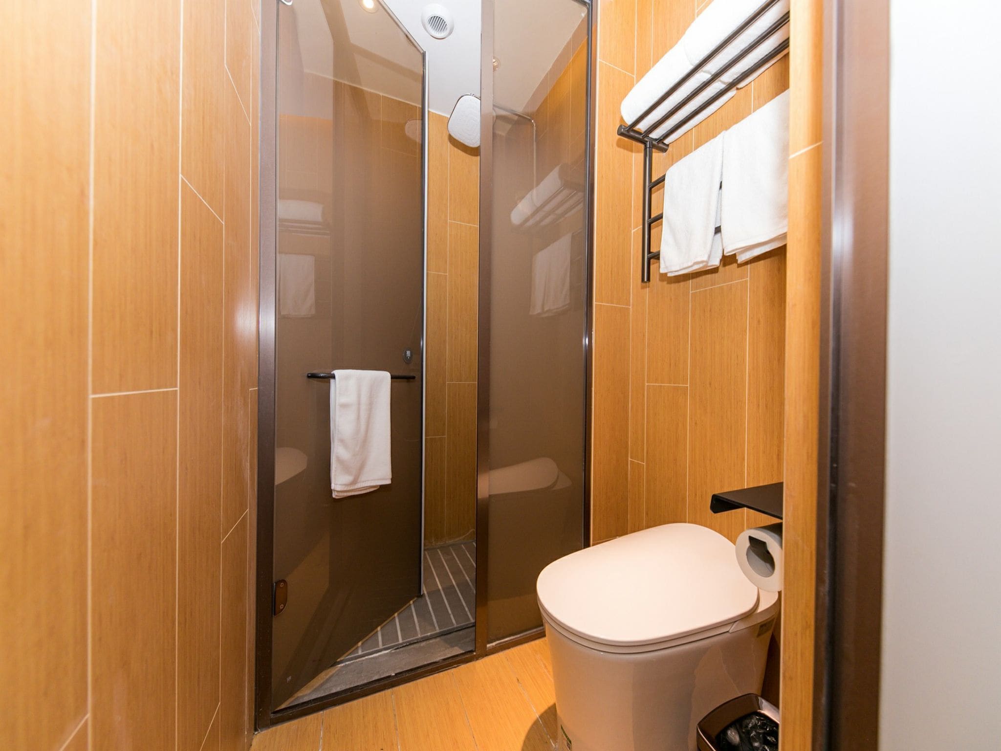 A modern bathroom with a glass-enclosed shower, a toilet, and a towel rack.