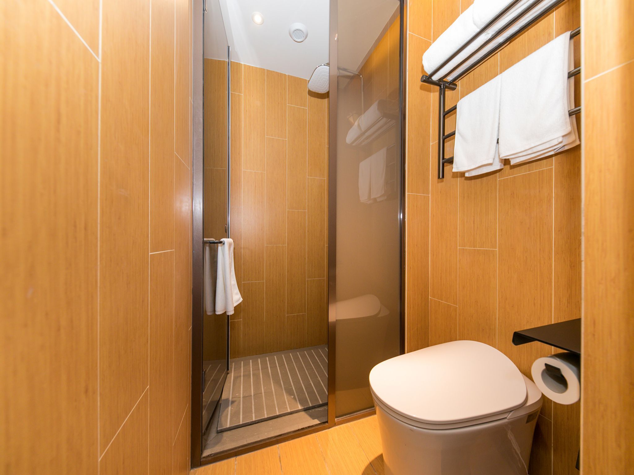 A modern bathroom with a glass shower enclosure, a toilet, and a towel rack.