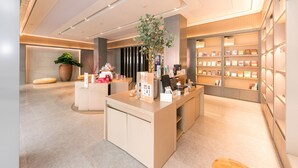 Una recepción moderna y luminosa, con un mostrador central, una planta grande en maceta y una estantería llena de libros y revistas.
