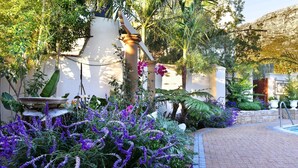 A garden with a variety of plants and a stone wall. - Grande Plaisir Holiday Home (Franschhoek)