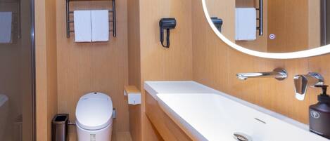 A modern bathroom with a white sink, a toilet, a trash bin, and a mirror with a light.