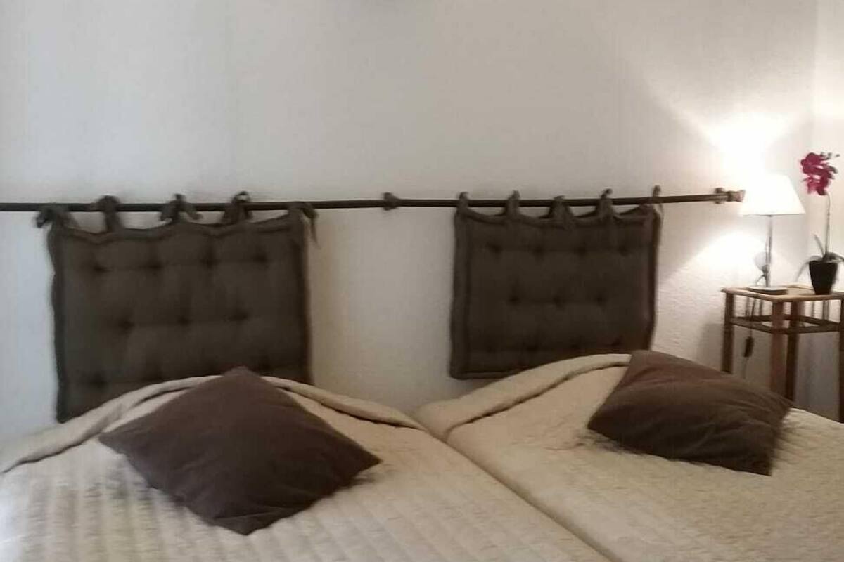 Ein Zimmer mit zwei Betten, jeweils mit Kopfteil und Kissen. Es gibt einen kleinen Tisch mit Lampe und einer Topfpflanze.