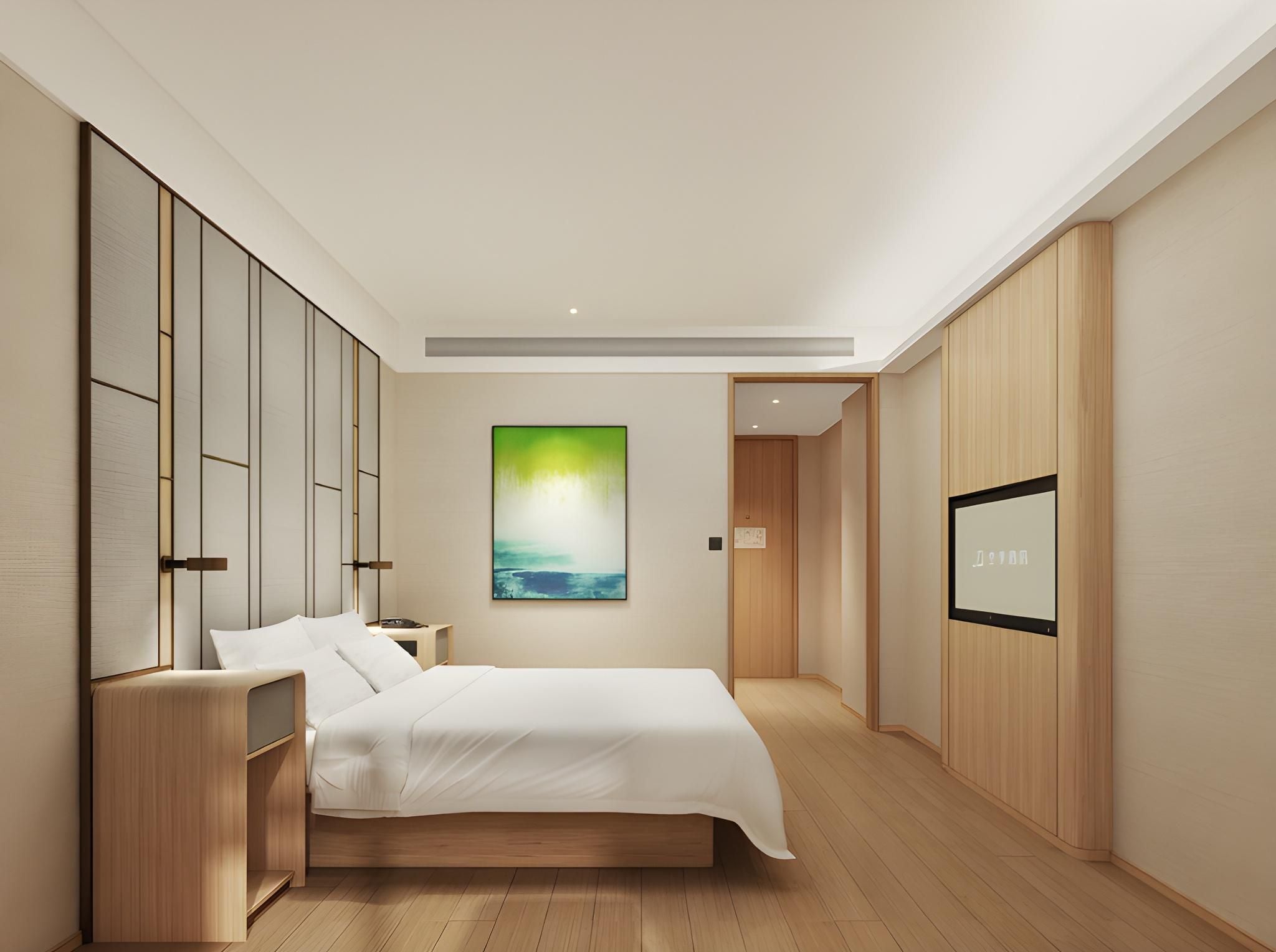 A modern bedroom with a bed, bedside tables, a wall-mounted TV, and a large painting.