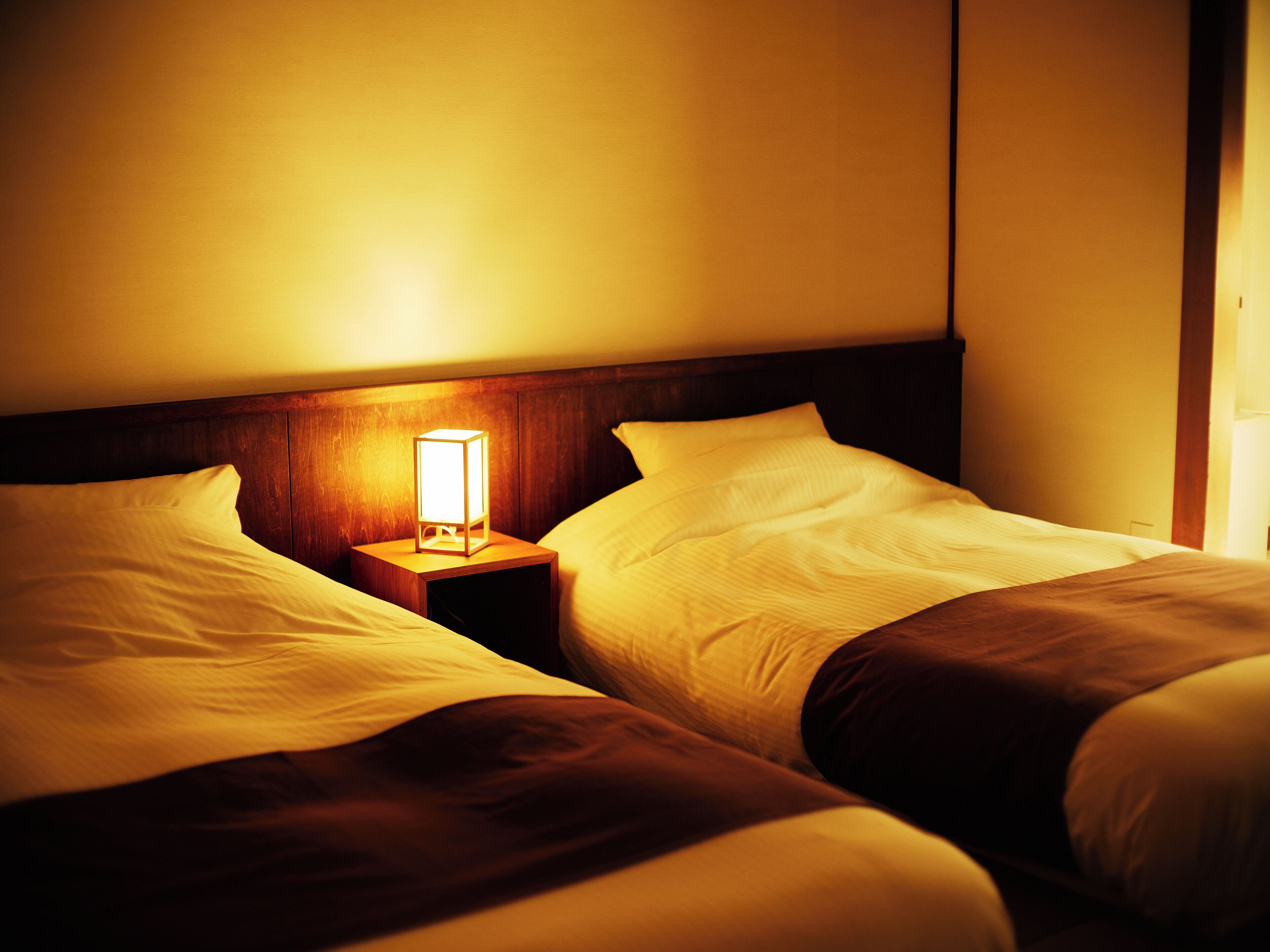 A hotel room with two beds, a nightstand with a lamp, wooden headboard, and a plain wall.