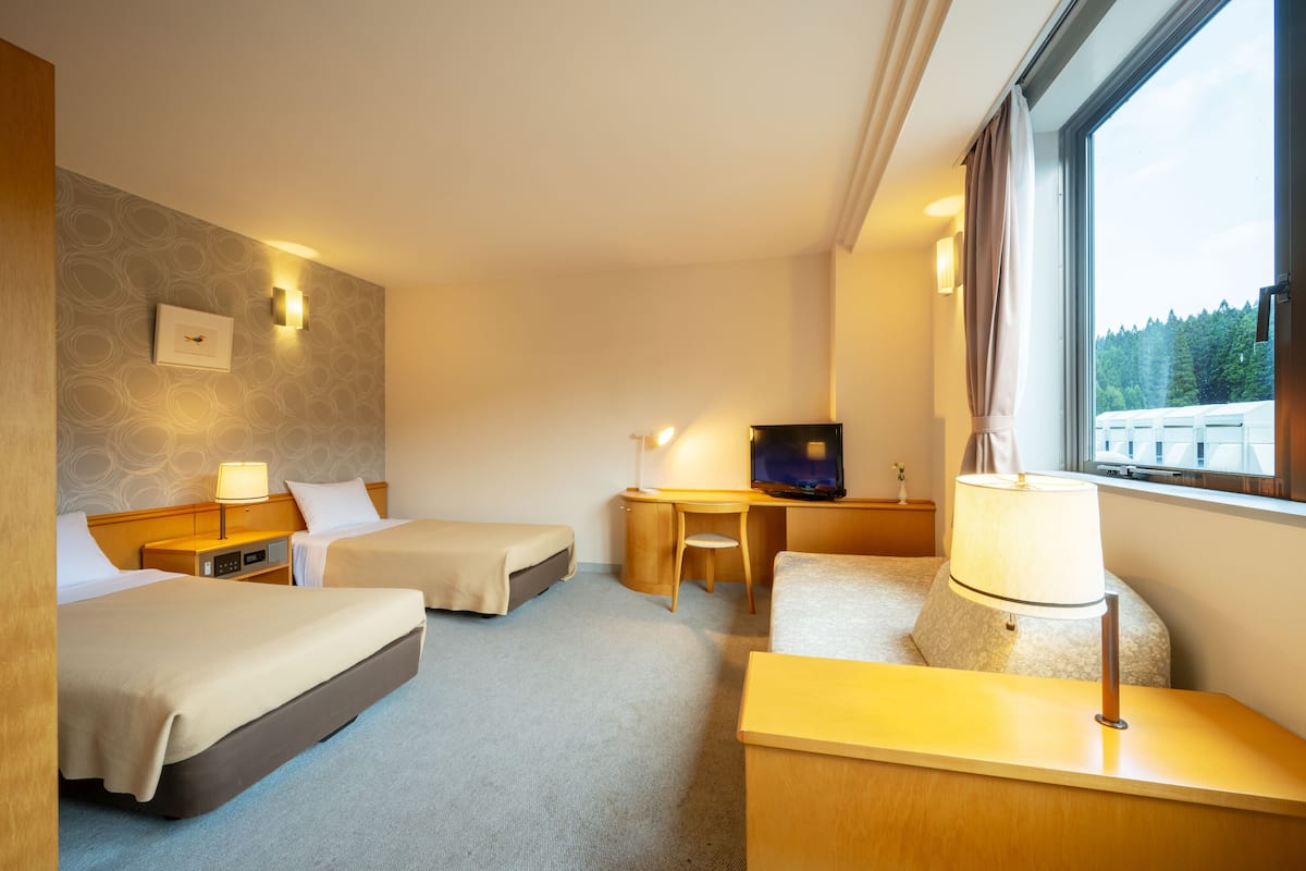 Habitación de hotel con dos camas, un escritorio, un televisor y ventana con vistas a árboles.