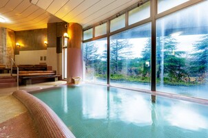 Una amplia piscina interior con paredes de vidrio transparente, bancos de madera y vistas a árboles.