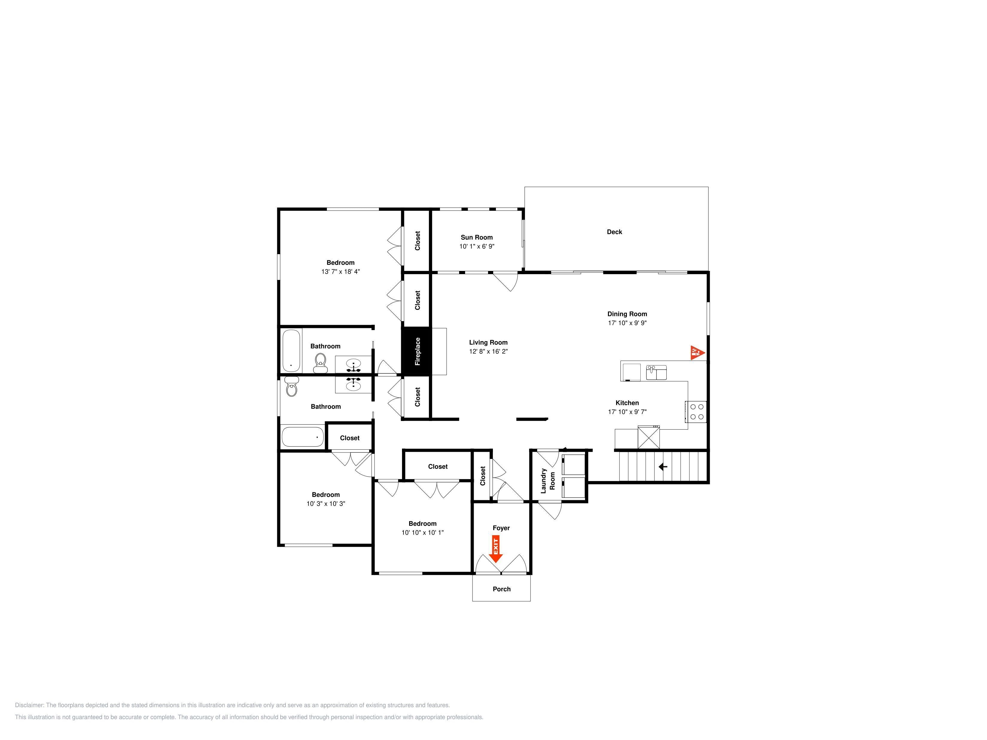 Plano de planta que muestra una sala de sol, comedor, cocina, sala de estar, dos dormitorios, dos baños, un vestíbulo y una terraza.