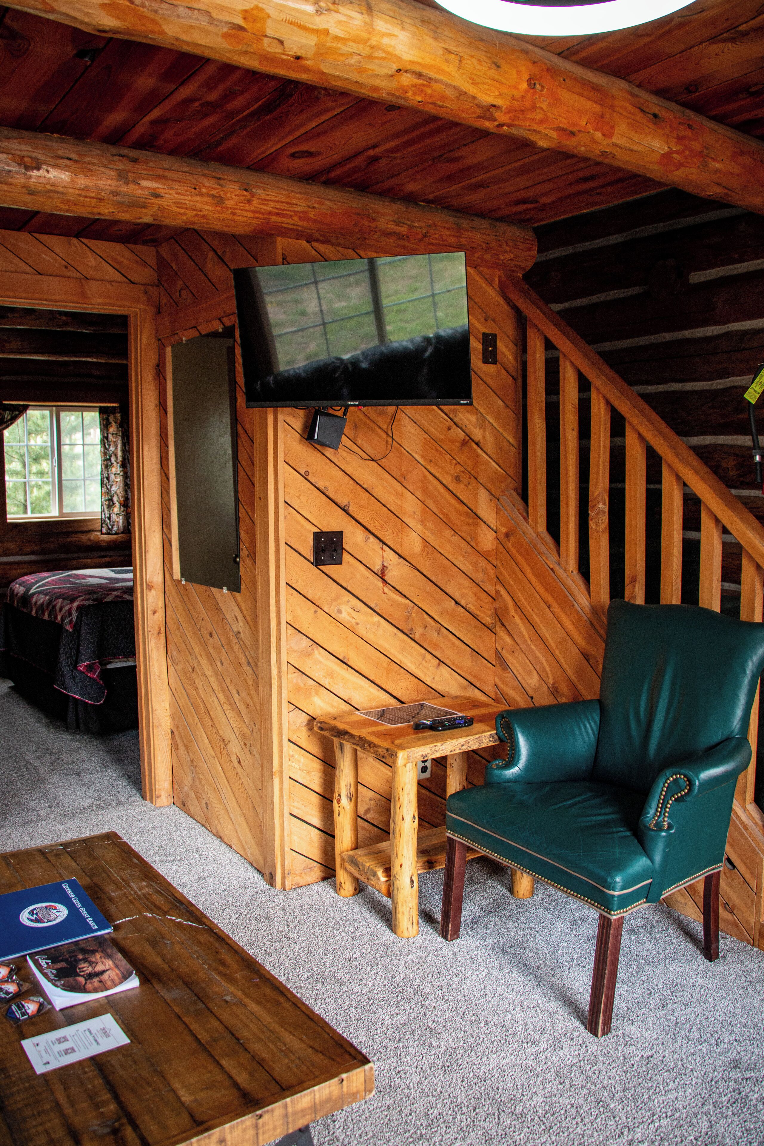 family cabin, balcony, mountain view | living area | 32-inch smart tv with digital channels, tv, netflix