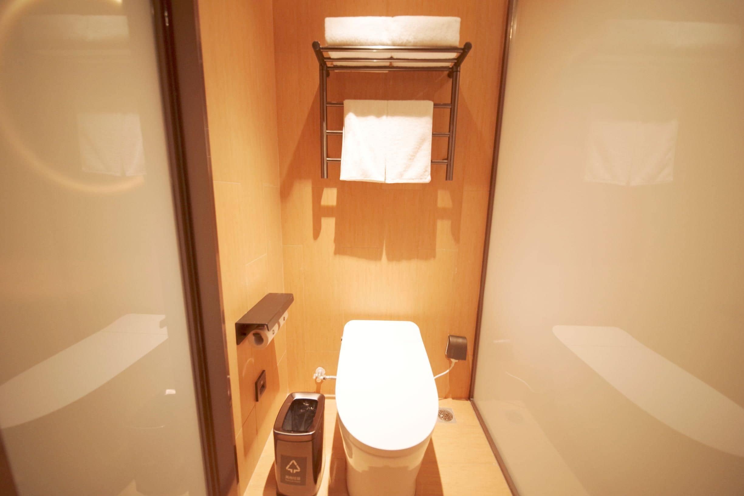 Une petite salle de bain comprenant des toilettes, une poubelle, un porte-serviettes avec une serviette et une petite étagère.