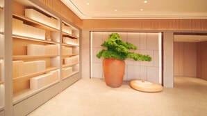 A modern interior with a large potted plant, shelves with neatly arranged items, and a clean, minimalist design. - Ji Hotel (Beijing)