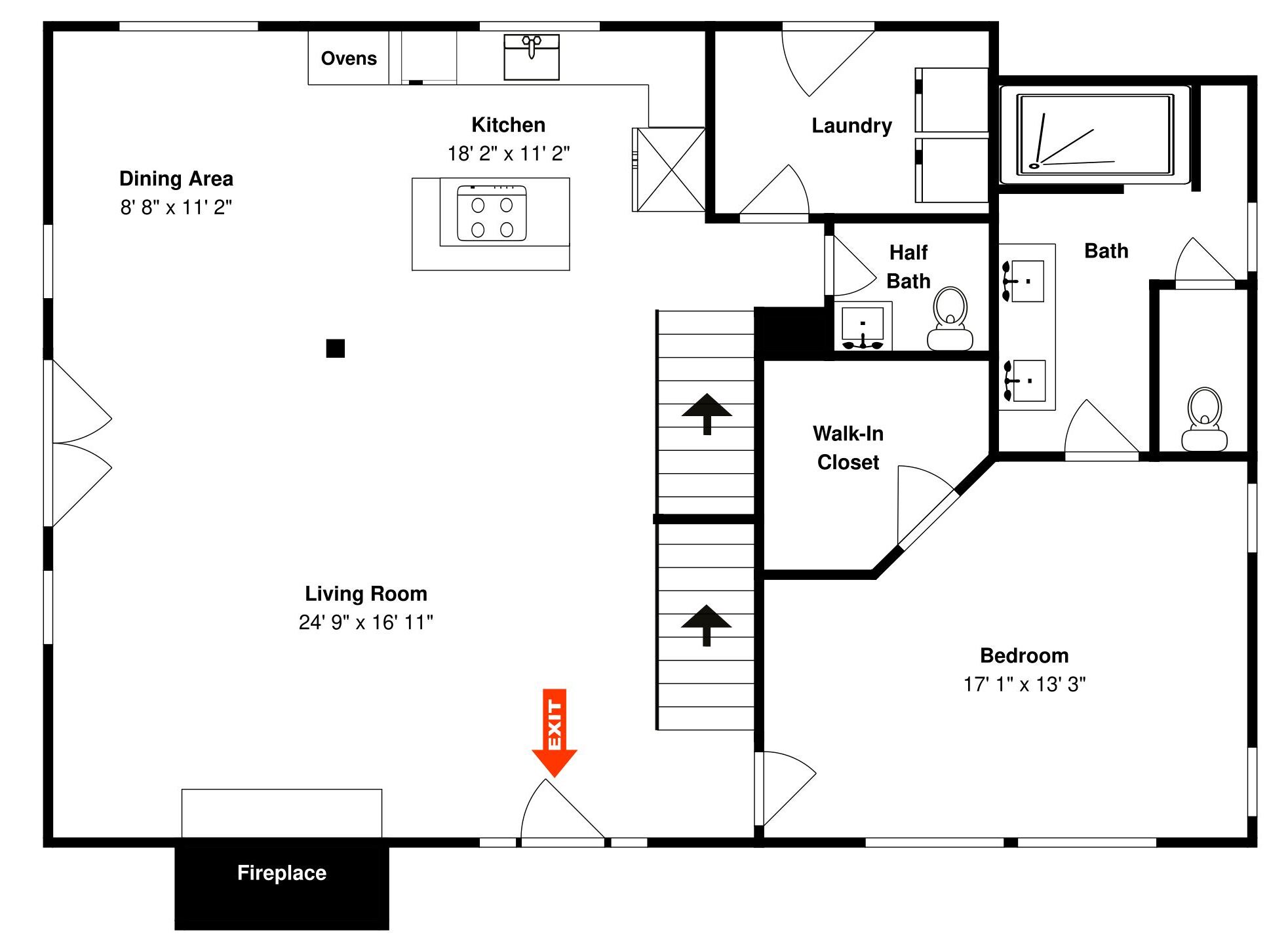 A floor plan with a dining area, kitchen, laundry, half bath, walk-in closet, bathroom, bedroom, and fireplace.