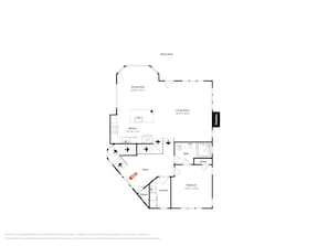 A floor plan with a dining area, kitchen, living room, bathroom, bedroom, foyer, and closet.