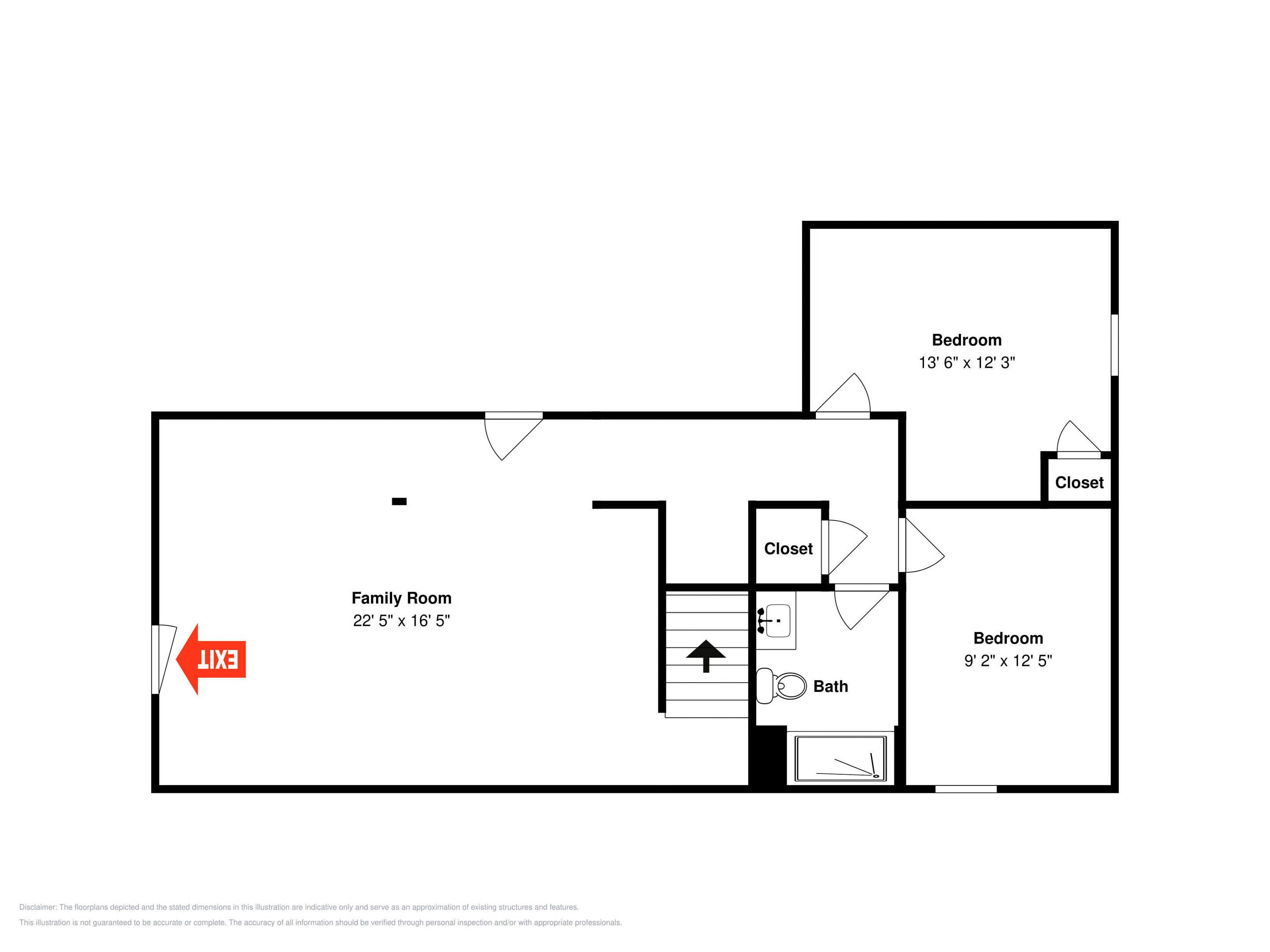 A floor plan with a family room measuring 22' 5' x 16' 5', a bedroom measuring 13' 6' x 12' 3', and a smaller bedroom measuring 9' 2' x 12' 5'.