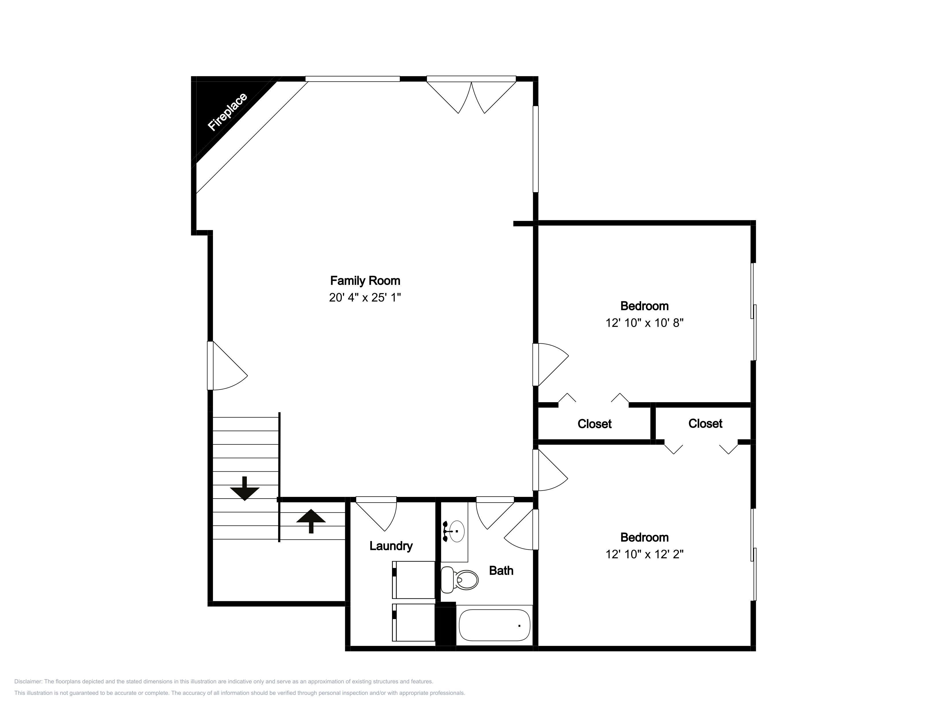Plano de planta que muestra una sala familiar, dos dormitorios, un lavadero y un baño.
