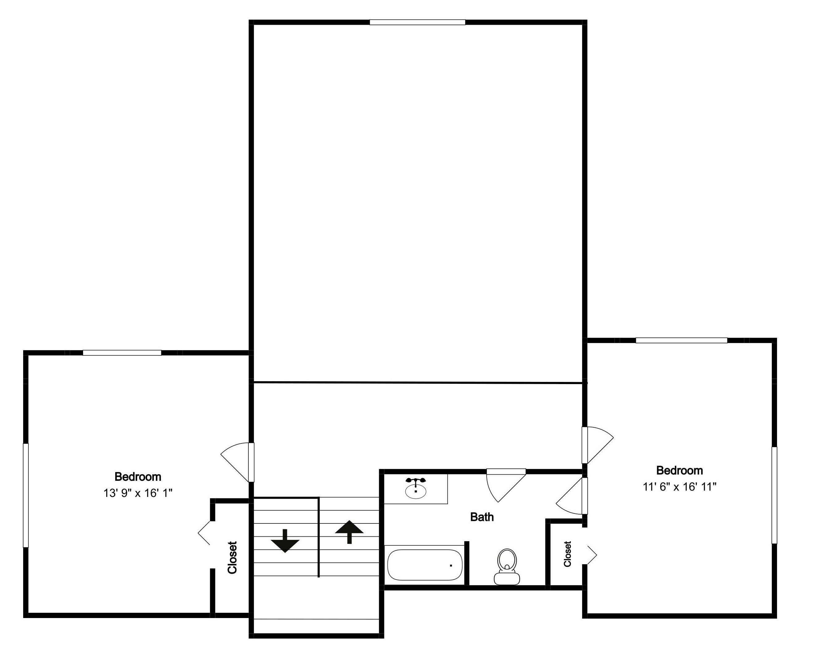 A floor plan with two bedrooms, a bathroom, and a closet.
