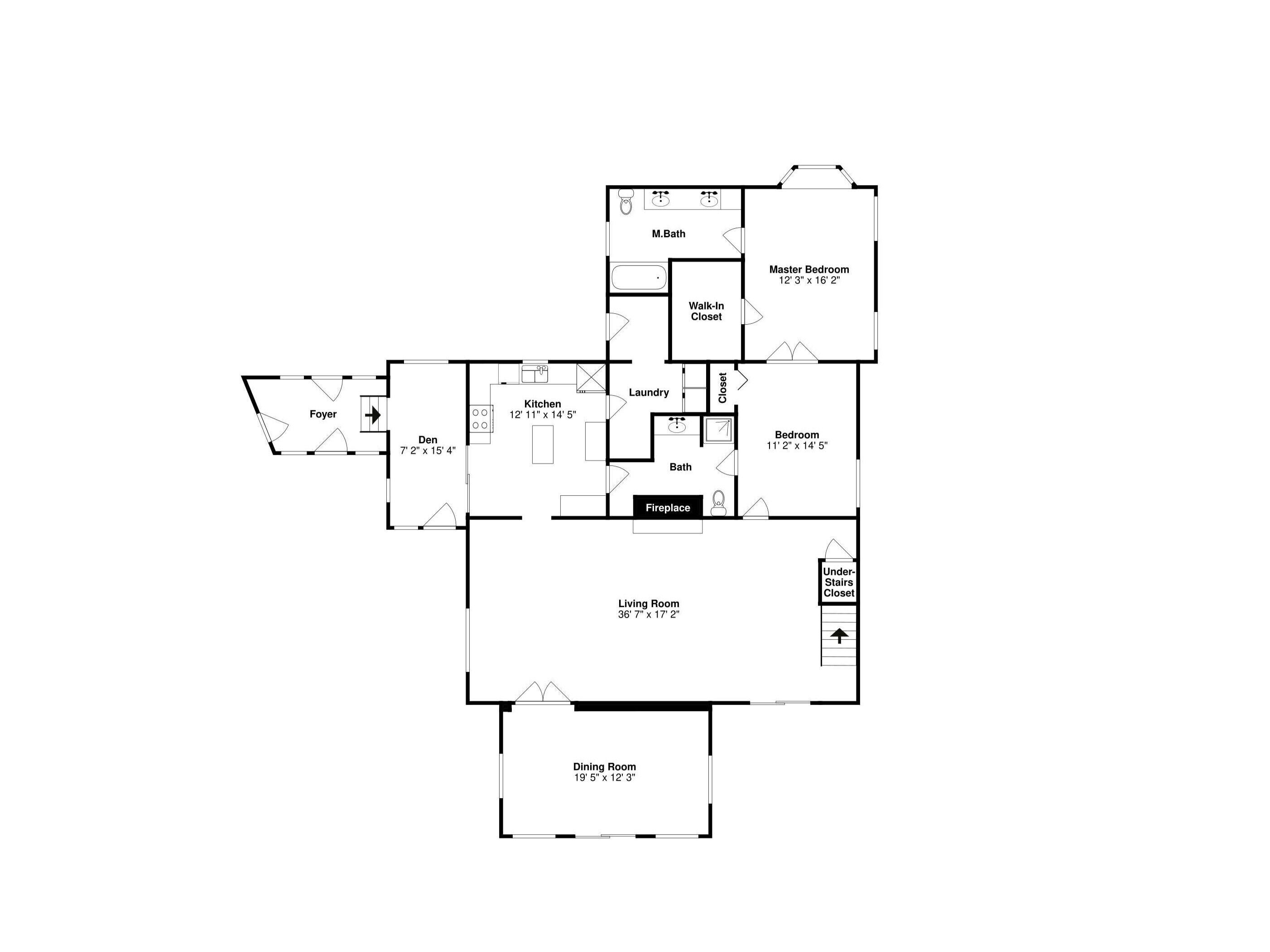Grundriss eines Hauses mit Schlafzimmer, zwei Schlafzimmern, einer Küche, einem Esszimmer, einem Wohnzimmer, einer Diele, einem Badezimmer, einem Waschraum und einem Kamin.