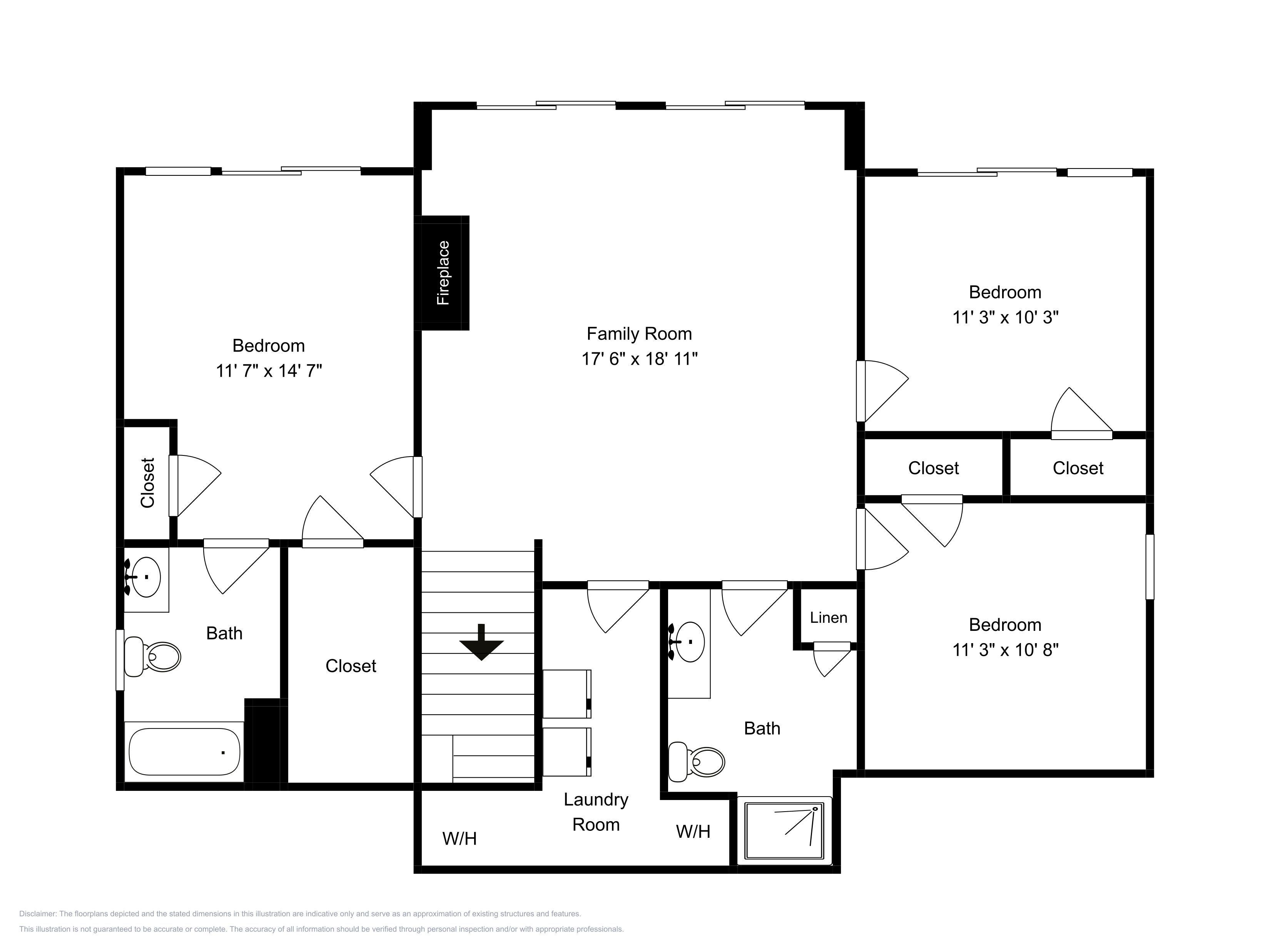 Ein Grundriss mit Familienzimmer, zwei Schlafzimmern, einem Badezimmer, einem Hauswirtschaftsraum und Einbauschränken.
