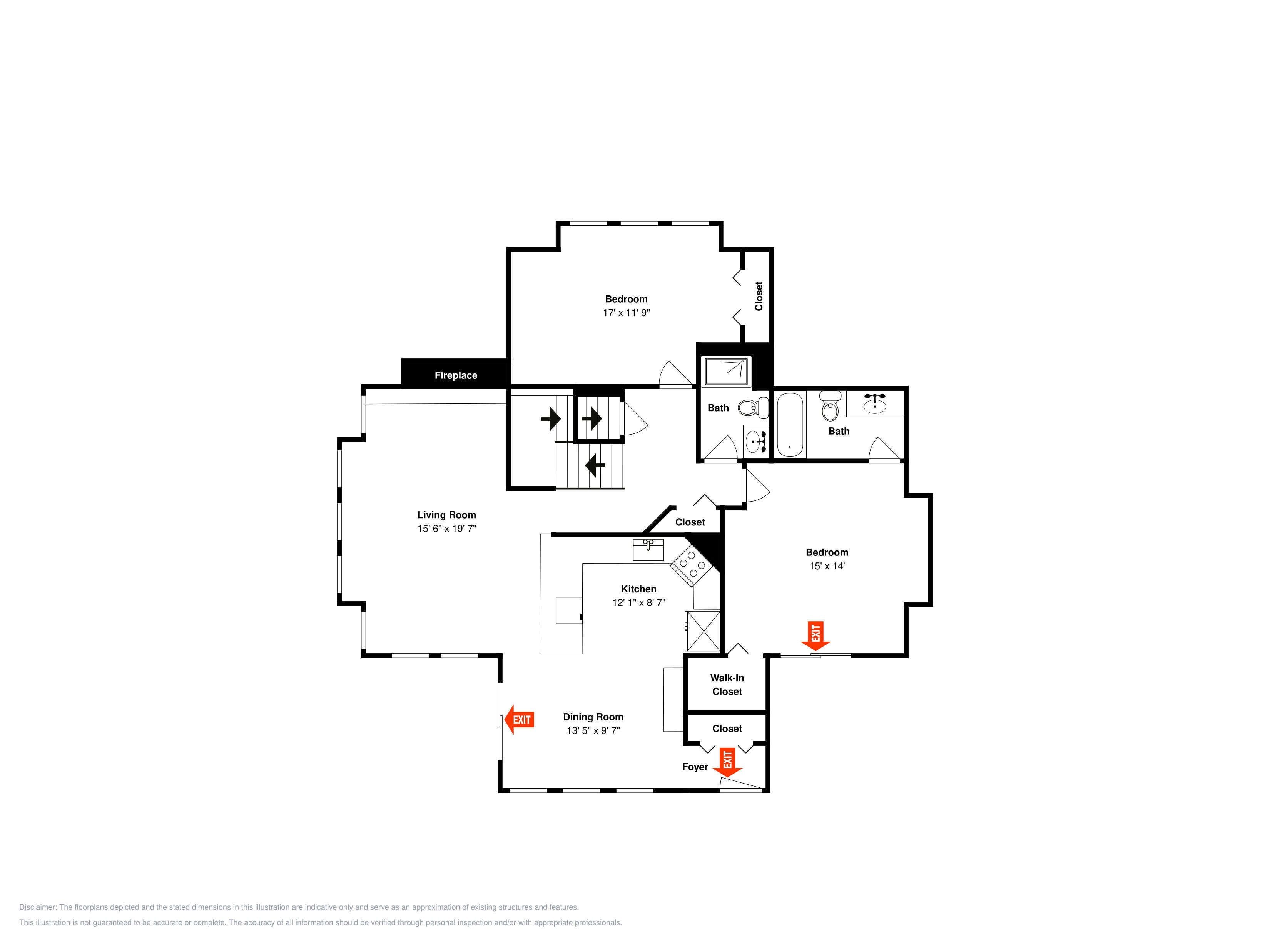 A floor plan with a living room, dining room, kitchen, two bedrooms, a bathroom, and a foyer.