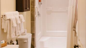 A bathroom with a toilet, sink, and shower area.
