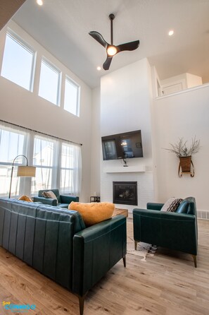 Smart TV, fireplace, books