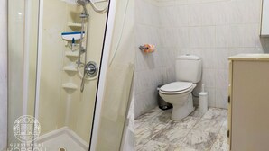 A bathroom with a glass-enclosed shower, a toilet, and a sink. - Studio (Willemstad)