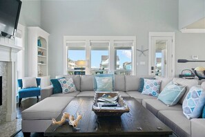 TV, fireplace, books, offices