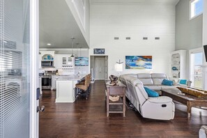 TV, fireplace, books, offices