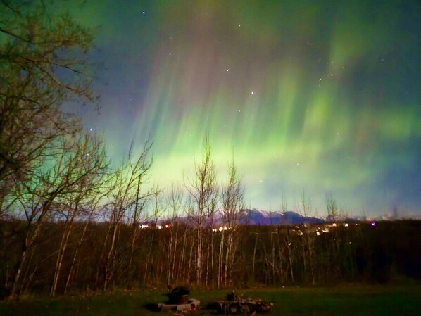 Escena nocturna con la aurora boreal sobre un paisaje de árboles y luces distantes.