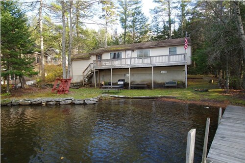 Waterfront property on pond with private dock .