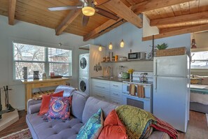 Smart TV, fireplace, books