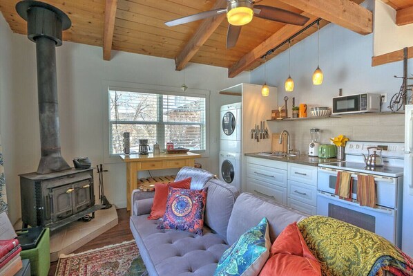 Smart TV, fireplace, books