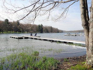 Un muelle junto al lago con dos sillas, una zona cubierta de césped y un árbol.