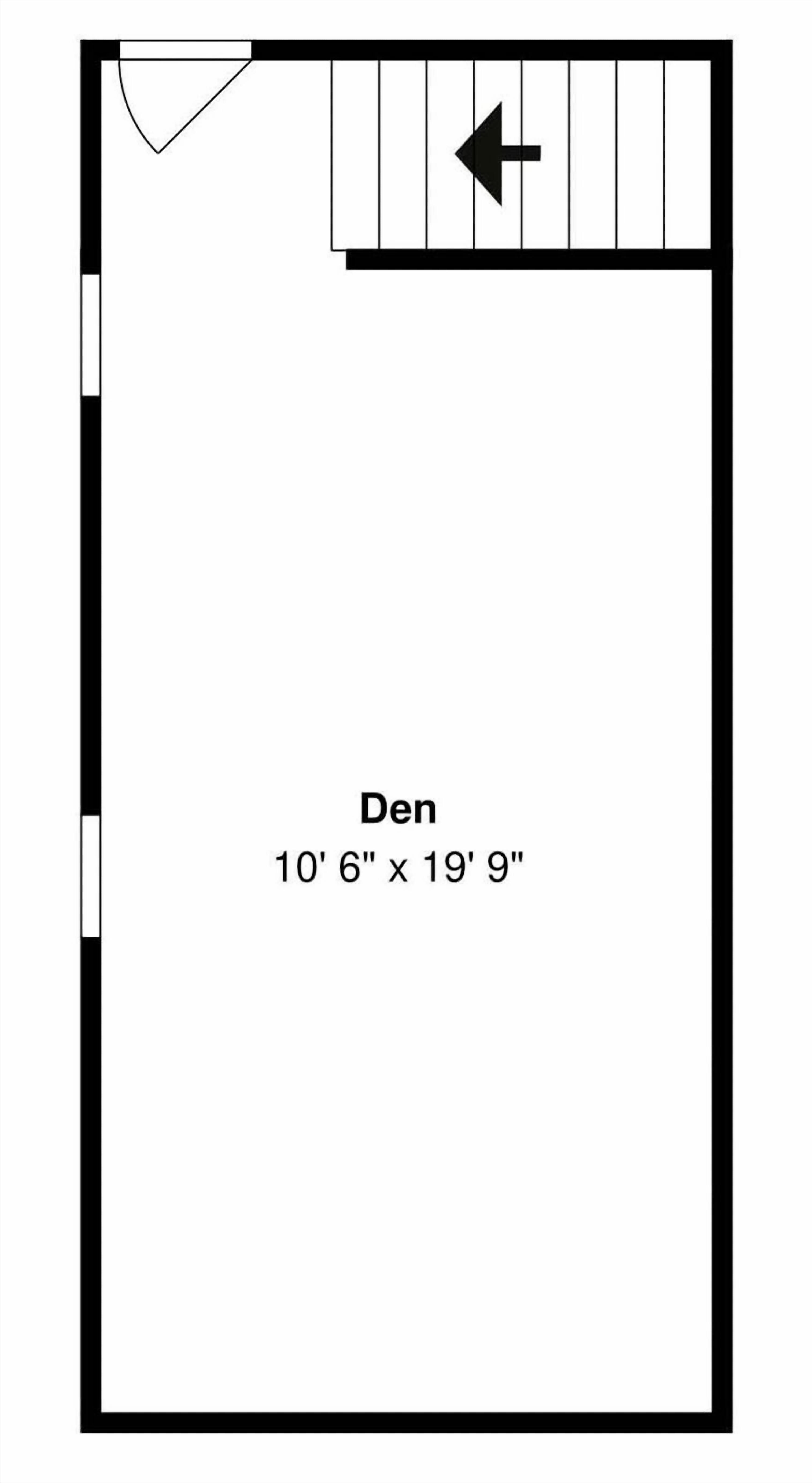 Ein Raumgrundriss mit einem Bett, das mit 'Den' beschriftet ist und eine Größe von 3,15 Meter mal 5,97 Meter hat.