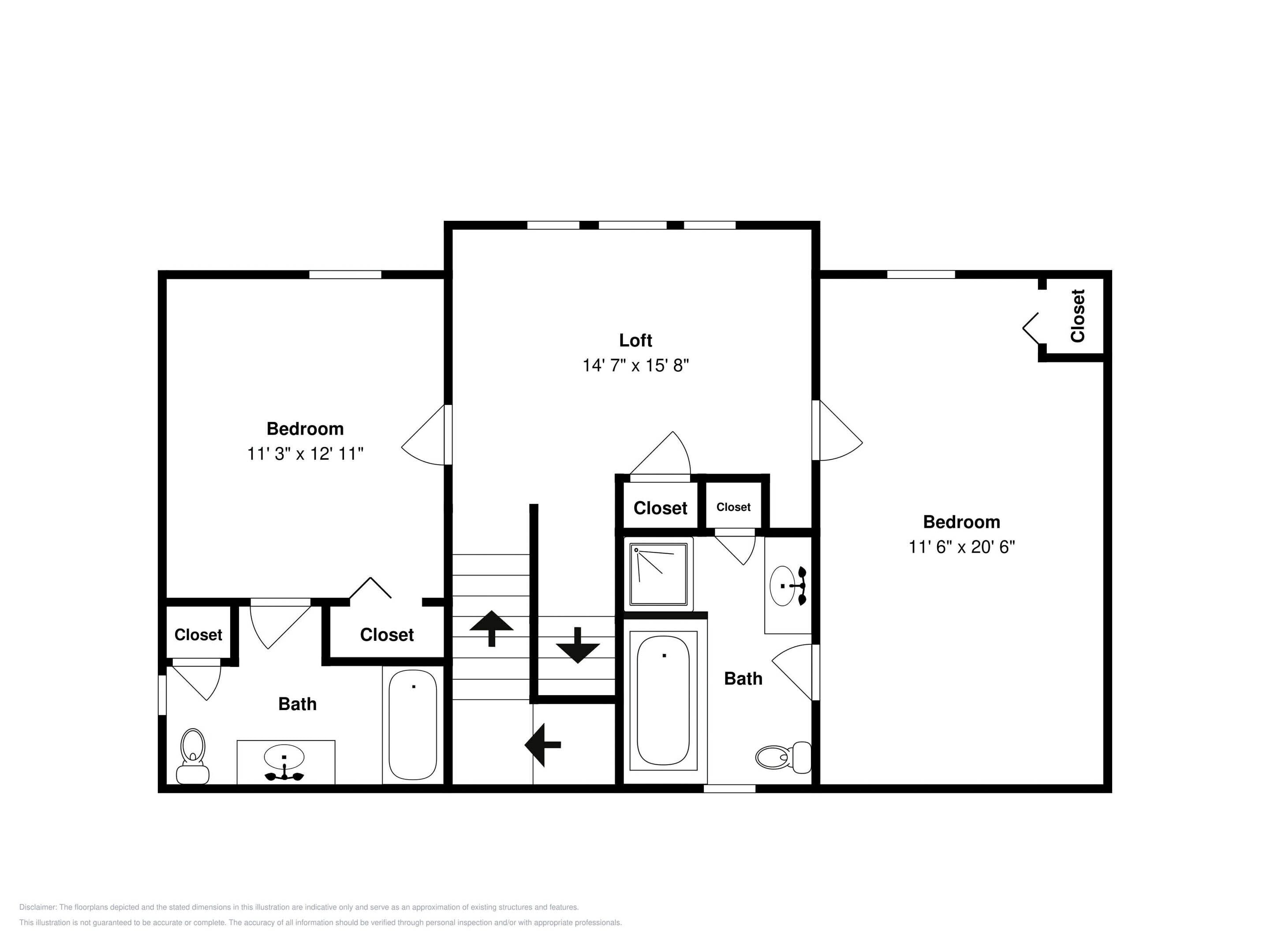 A floor plan with two bedrooms, two bathrooms, a loft, and two closets.