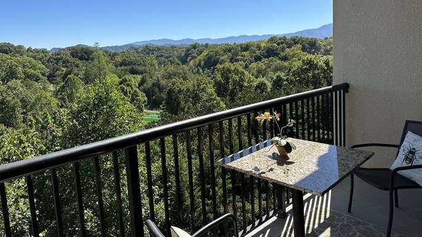 Ein Balkon mit Tisch und Stühlen, der einen Blick auf ein bewaldetes Tal und ferne Berge bietet.