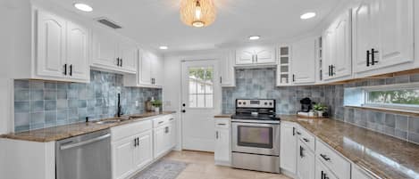 A modern kitchen with white cabinetry, a stainless steel dishwasher, a built-in oven, and a granite countertop.