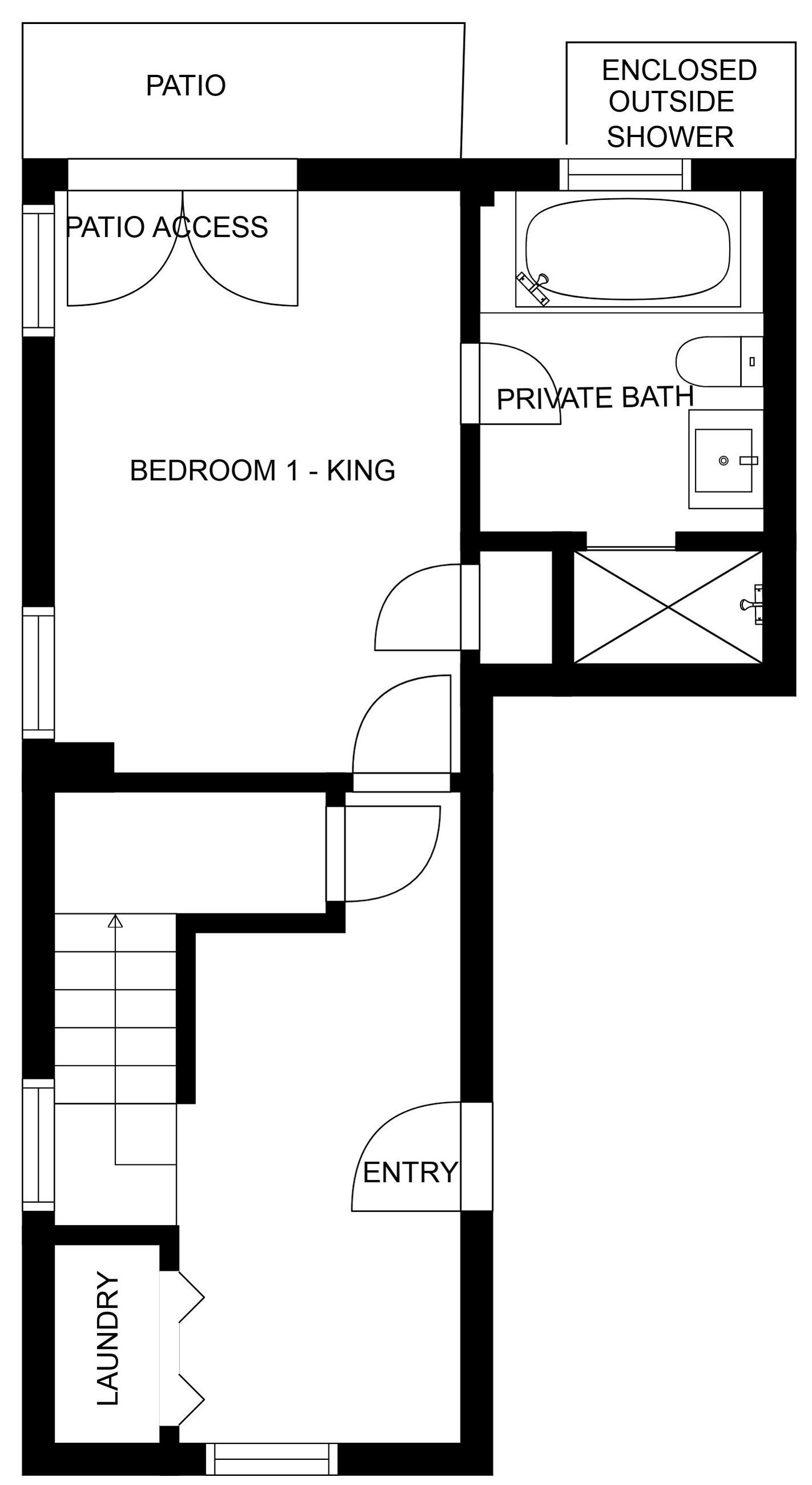 Ein Grundriss mit Terrasse, umzäunter Außendusche, privatem Bad und einem Schlafzimmer mit dem Schild 'King'.